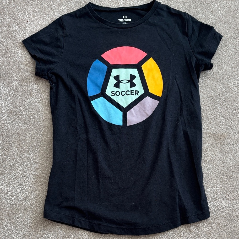 Under Armour Black Tee with Multicolor Soccer Graphic